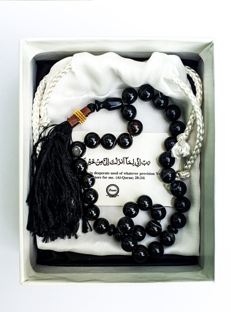 image of a black agate tasbeeh from Oasis Rosaries
