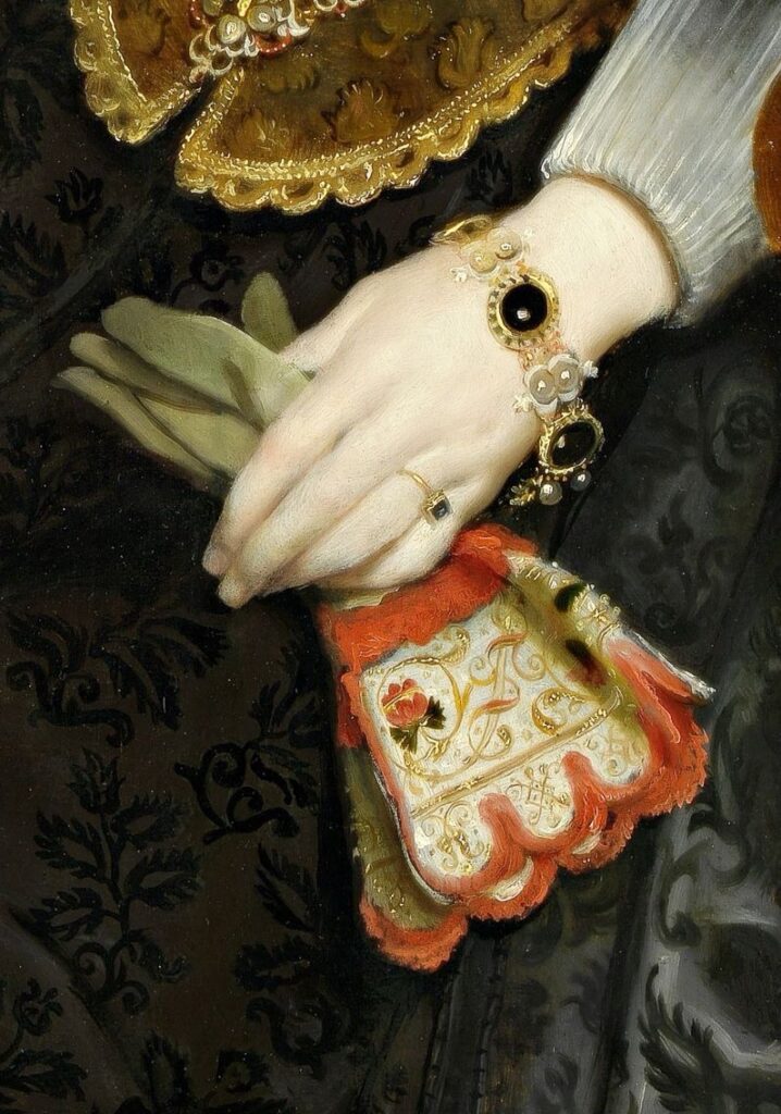 A painting that depicts a woman wearing a stone that resembles the black agate