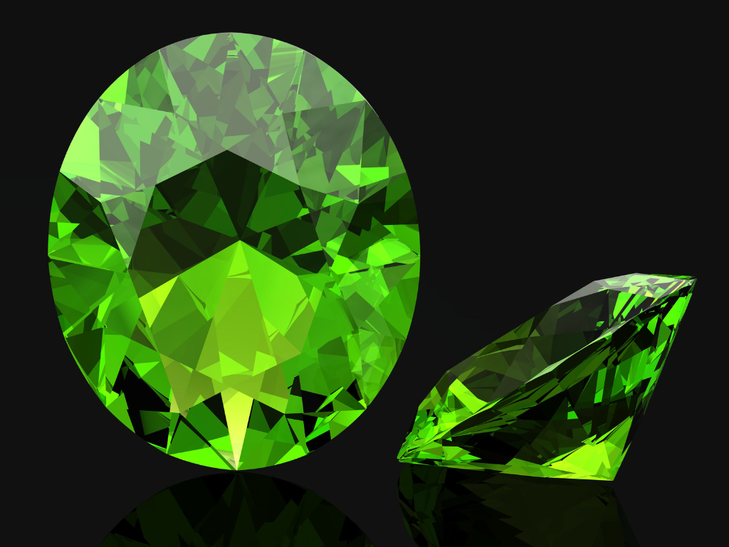 Close up of refined and sharp peridot stones.