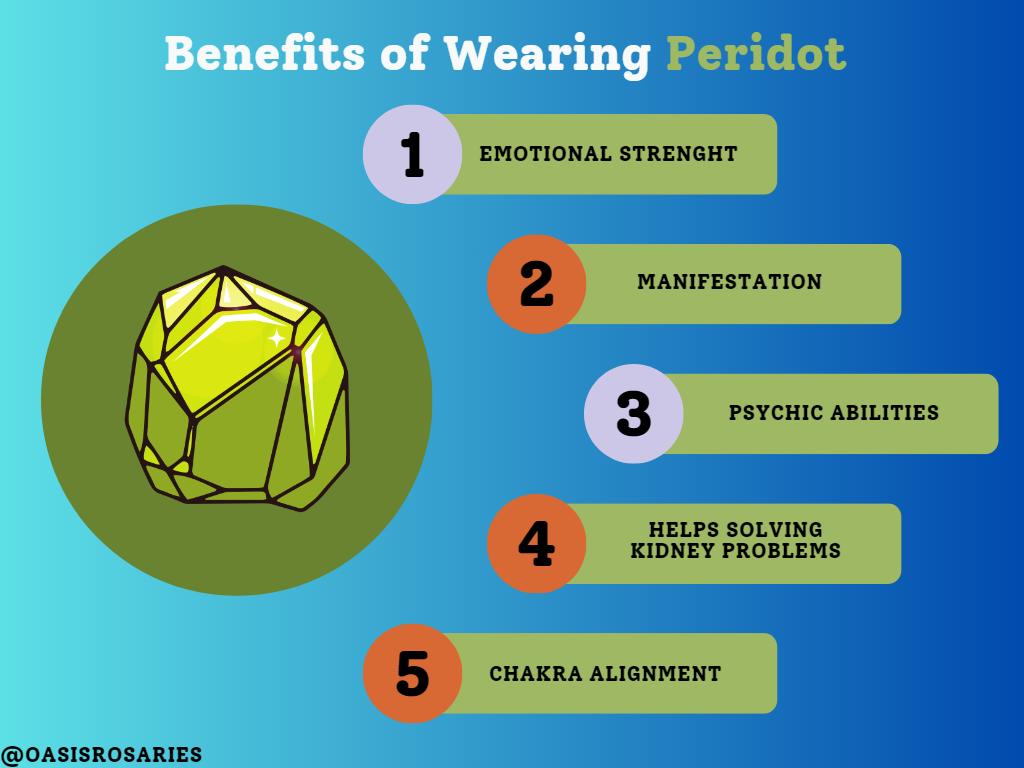 benefits of wearing peridot stone illustrated in graphics